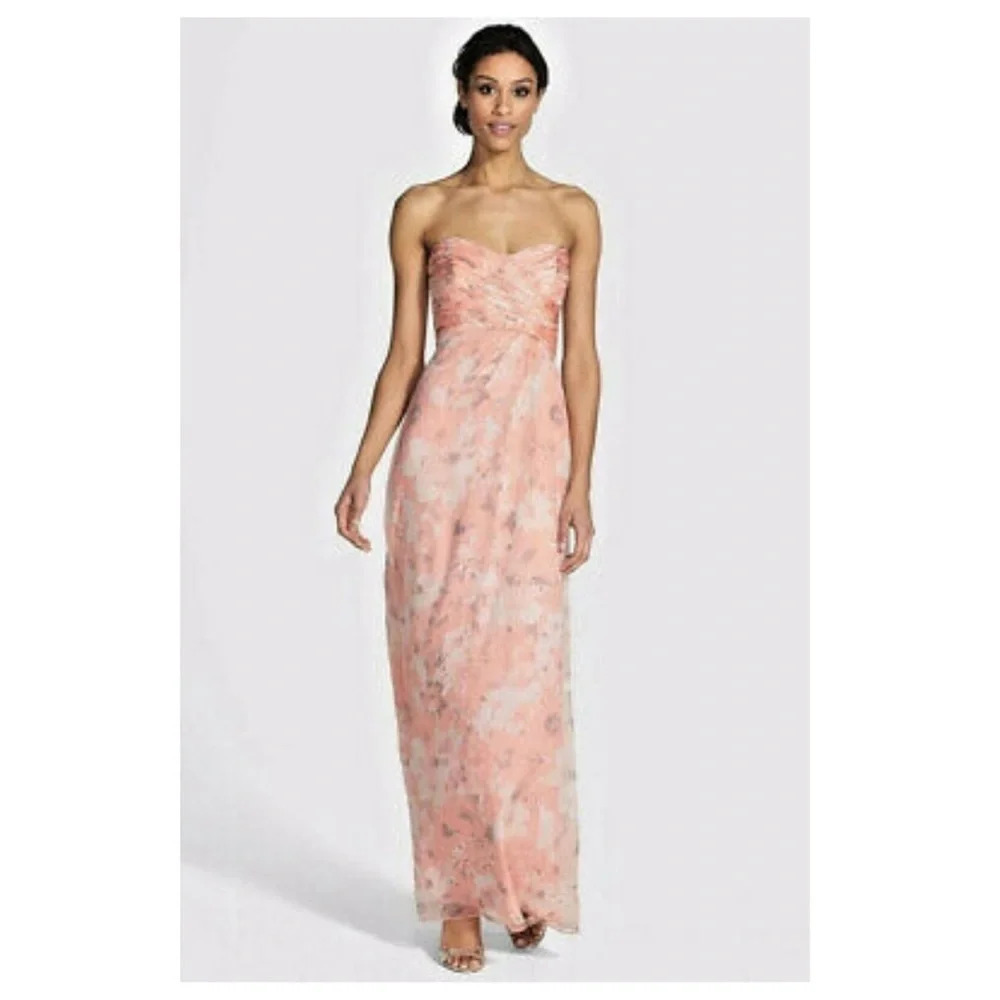 Amsale Strapless Silk Blush Floral "Amore" Gown Size 2